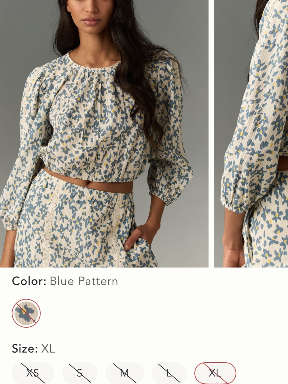 Velvet Blue and Cream Floral Peasant Crop Top and matching skirt